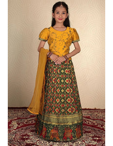 Dark Green Traditional Patola Style Lehenga Choli Set for Girls Festive Wear