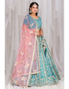 Firozi Art Silk Embroidered Lehenga Choli With Net Dupatta