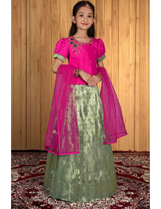 Gray Banarasi Kids Lehenga Style With Rani Net Dupatta