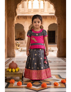 Gray Readymade Banarasi Pattu Pavadai For Kids