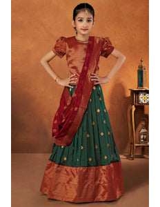 Green Banarasi Silk Kids Lehenga Choli with Banarasi Dupatta