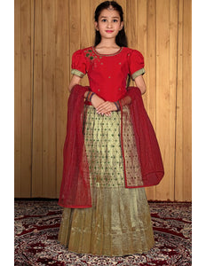 Mehendi Banarasi Kids Lehenga Style With Red Net Dupatta