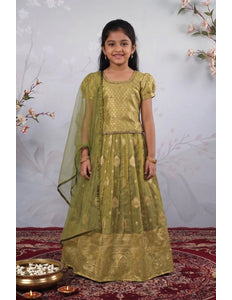 Mehendi Banarasi Silk Kids Lehenga Choli with Stylish Dupatta
