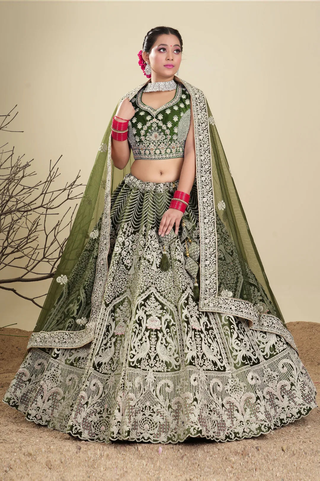 Mehendi Heavy Embroidered Bridal Lehenga in Velvet
