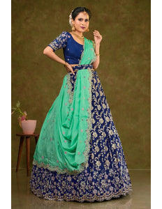 Navy Blue Viscose Muslin Floral Lehenga Choli Rangoli Dupatta