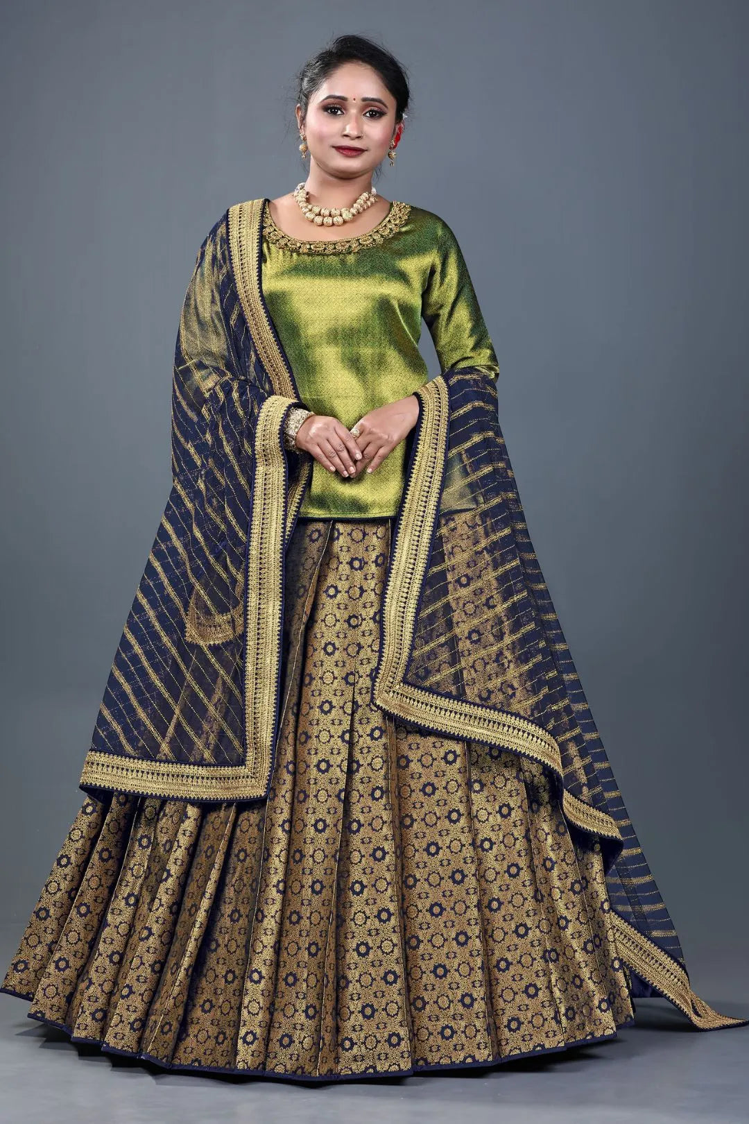 Navy Blue Banarasi Silk Lehenga Choli For Women With Net Dupatta