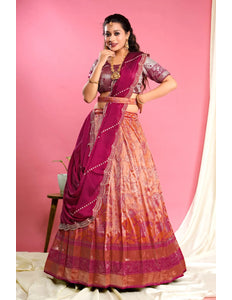 Orange Self Jacquard Lehenga Choli With Dupatta Set For Women
