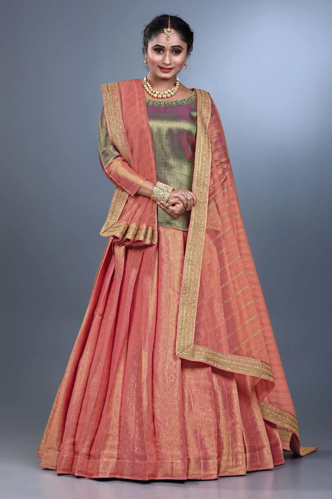 Peach Banarasi Silk Lehenga Choli For Women With Net Dupatta