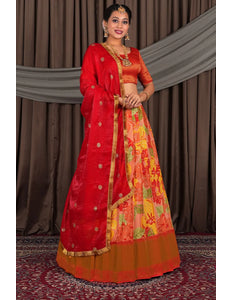 Peach Banglori Slub Lehenga Choli with Rangoli Dupatta