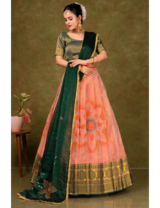 Peach Burberry Pattu Lehenga Choli With Digital Print