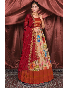 Peach Semi-Stitched Digital Lehenga Choli In Banglori Slub