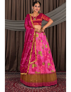 Pink Banglori Slub Lehenga Choli with Rangoli Dupatta