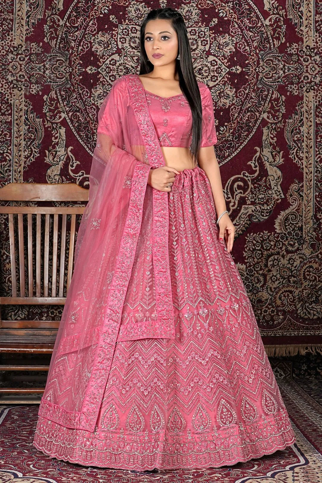 Pink Designer Embroidered Net Lehenga Choli For Women