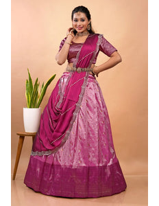 Pink Latest Zari Self Jacquard Lehenga Choli Set