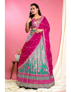 Rama Self Jacquard Lehenga Choli With Dupatta Set For Women