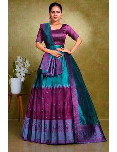 Rama Tissue Silk Zari Work Half Saree For Women
