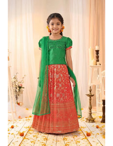 Red Banarasi Lehenga Choli Set with Green Embroidered Top