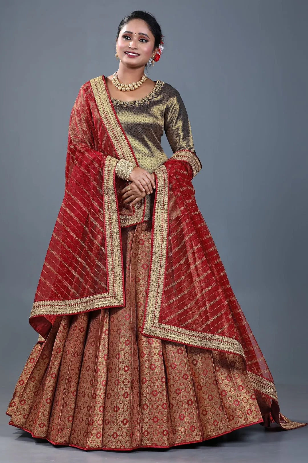 Red Banarasi Silk Lehenga Choli For Women With Net Dupatta