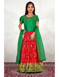 Red Banarasi Kids Lehenga Choli with Green Dupatta For Girls