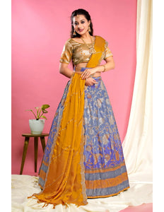 Royal Blue Self Jacquard Lehenga Choli With Dupatta Set For Women