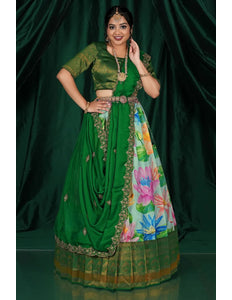 Sea Green Banglori Slub Half Saree With Digital Print
