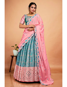 Sea Green Banarasi Silk Semi-Stitched Lehenga Choli For Women