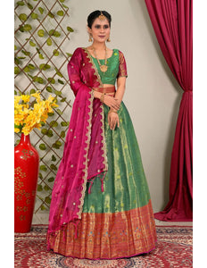 Sea Green Zari Silk Lehenga Choli With Dupatta For Women