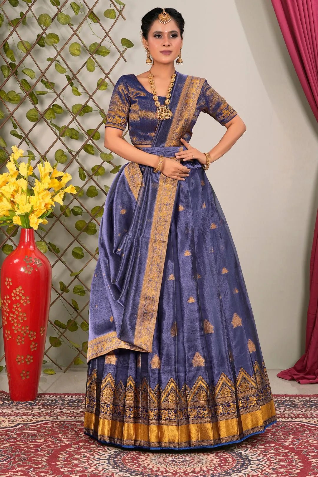 Blue Tissue Silk Lehenga Choli with Dupatta For Women - Gajiwala