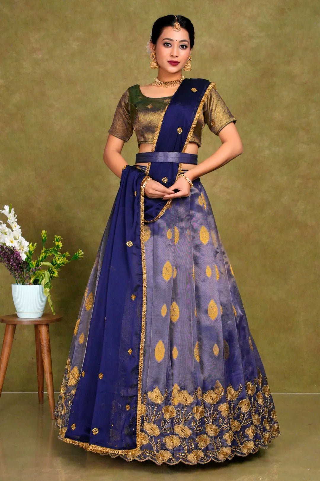 Blue Zari Woven Tissue Silk Lehenga Choli For Women - Gajiwala