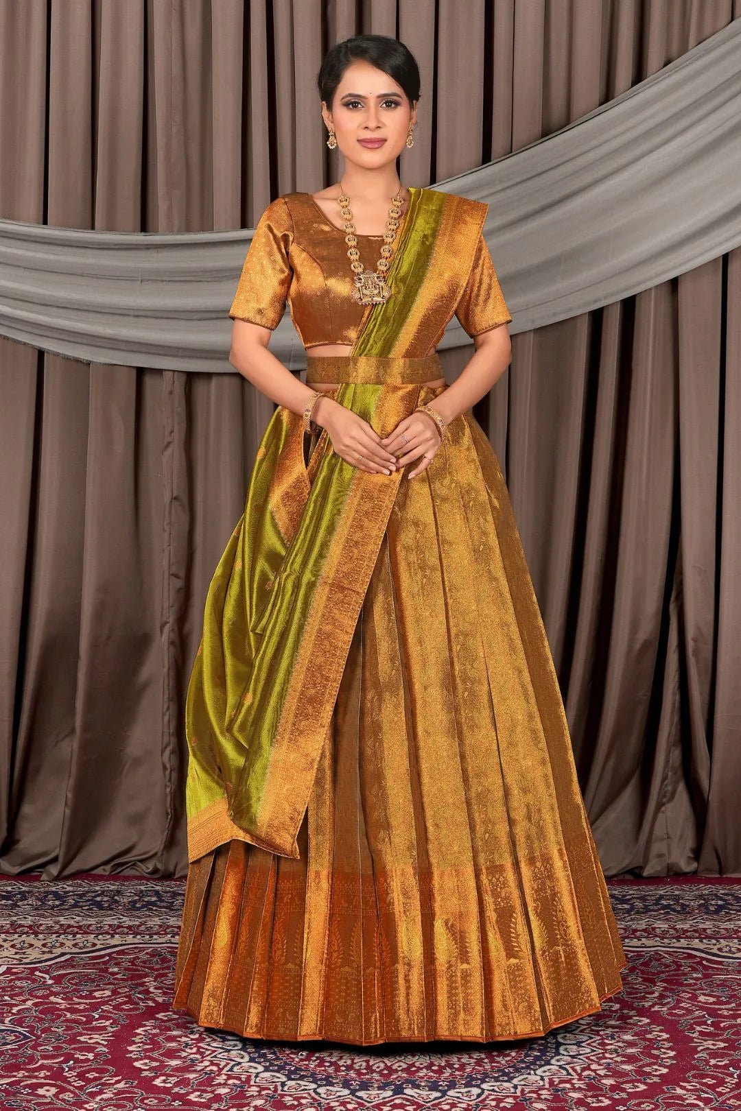 Brown Pure Two Tone Zari Tissue Pattu Half Saree For Women - Gajiwala