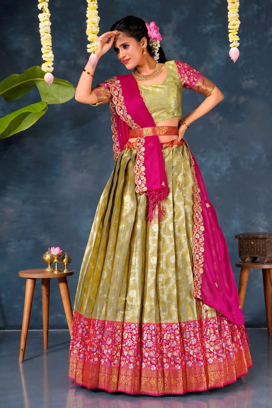 Chiku Banarasi Silk Pattu Half Saree With Zari Work - Gajiwala