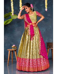 Chiku Banarasi Silk Pattu Half Saree With Zari Work - Gajiwala