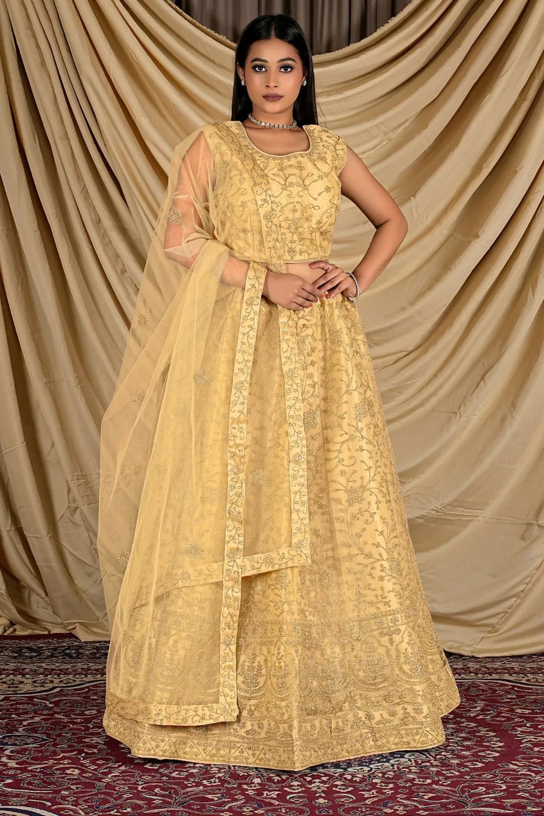 Chiku Colour Net Crop Top Lehenga Choli - Gajiwala