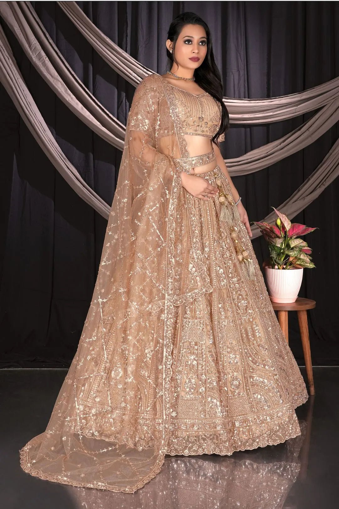 Chiku Party - wear Net Lehenga Choli For Wedding - Gajiwala