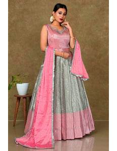 Chiku Pink Banarasi Long Gown With Dupatta - Gajiwala