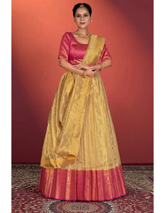 Chiku Tissue Silk Pattu Half Saree With Zari Woven - Gajiwala