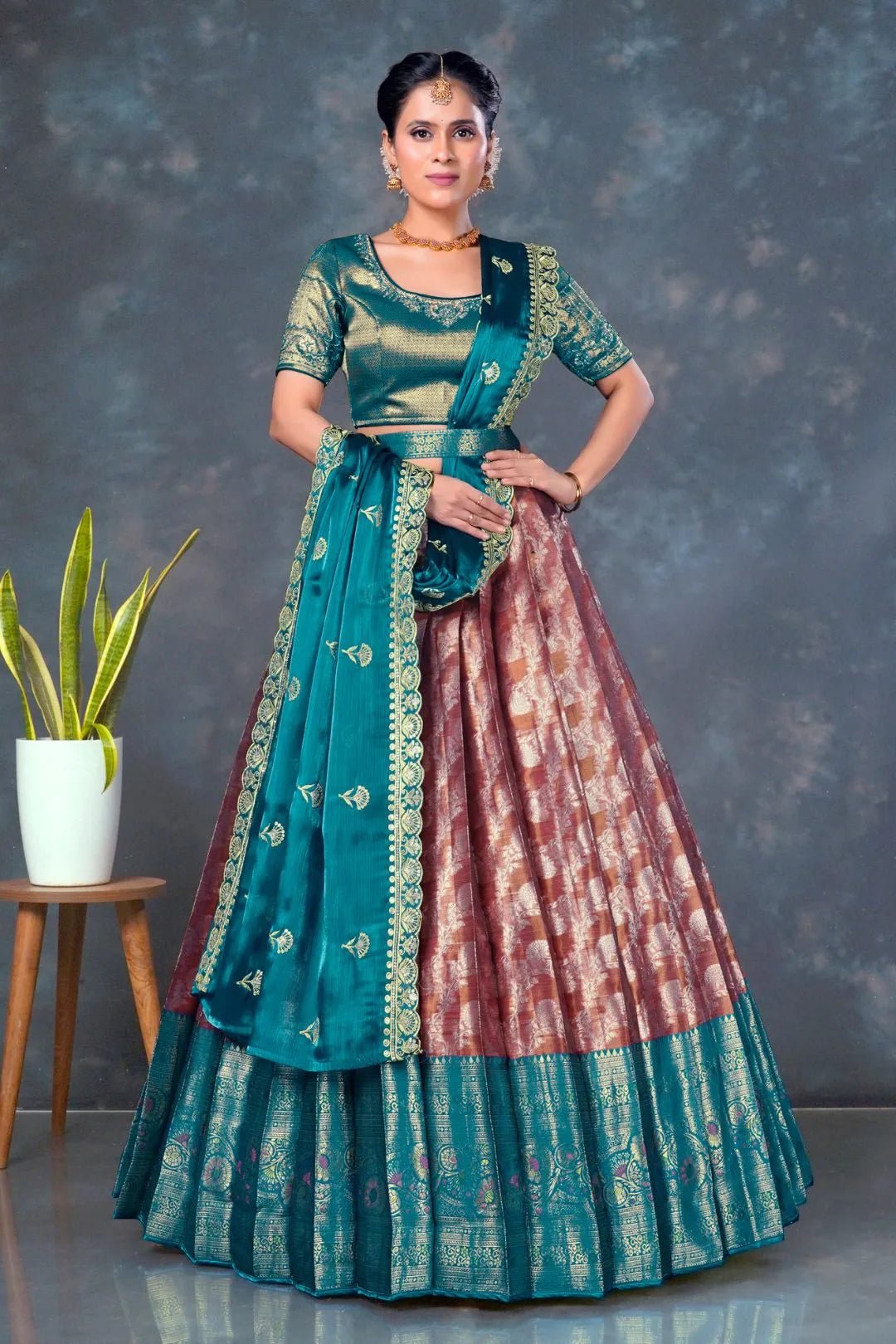 Copper Color Banarasi Lehenga With Peacock Dupatta - Gajiwala