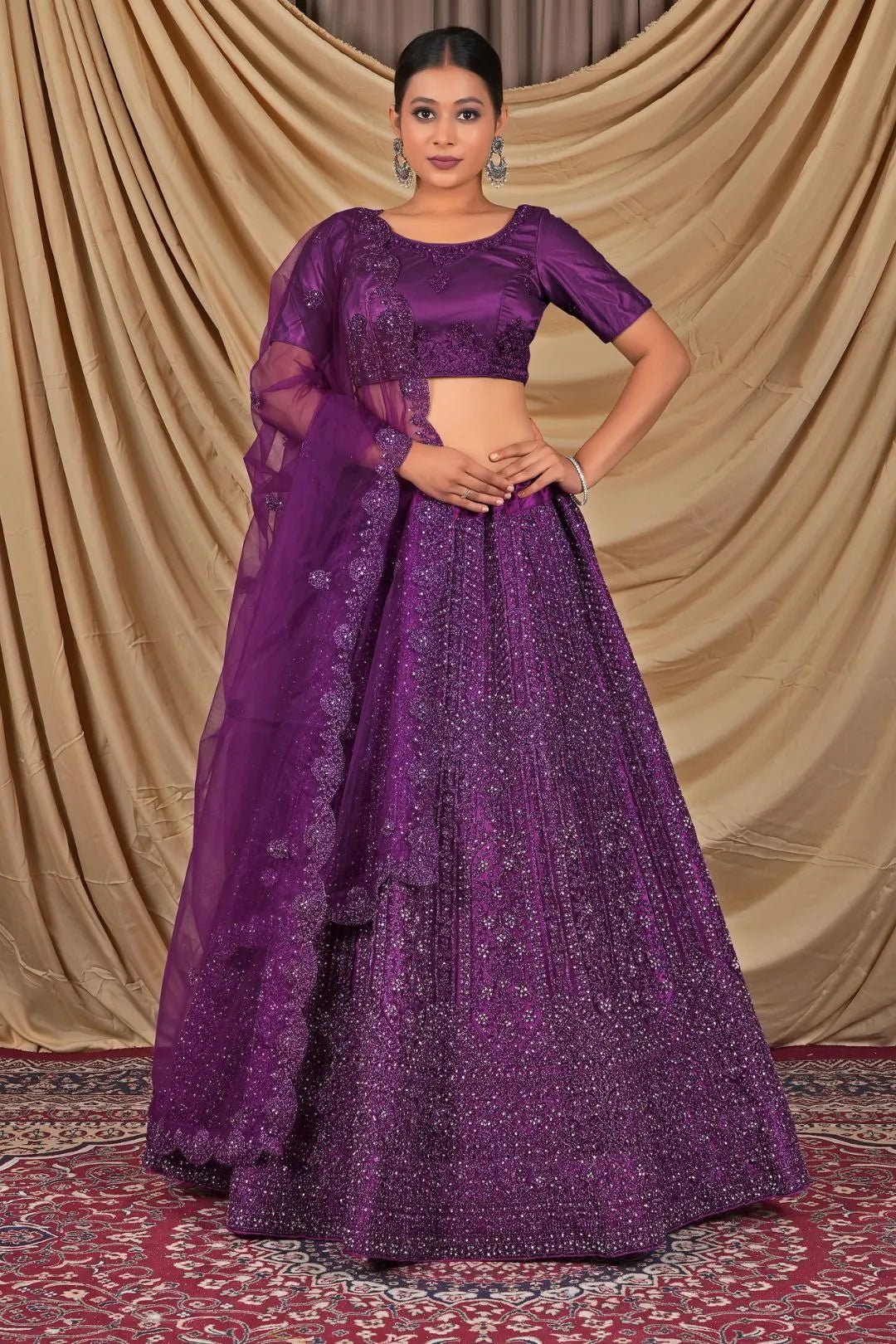 Dark Purple Sequins Embroidered Net Lehenga Choli - Gajiwala