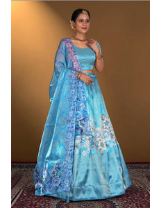 Firozi Digital Printed Satin Lehenga With Chinnon Dupatta - Gajiwala