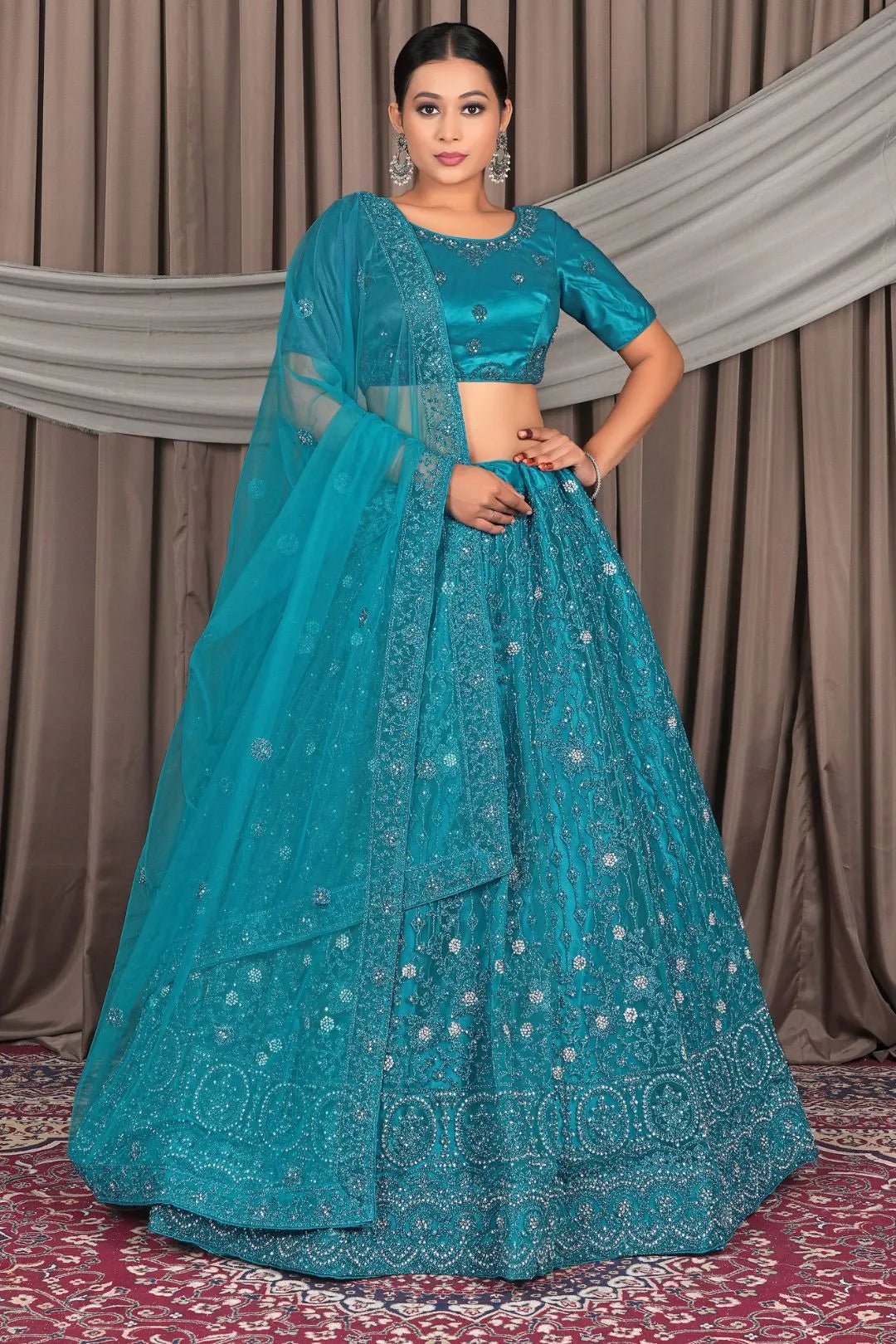 Firozi Embroidery Work Net Lehenga Choli - Gajiwala