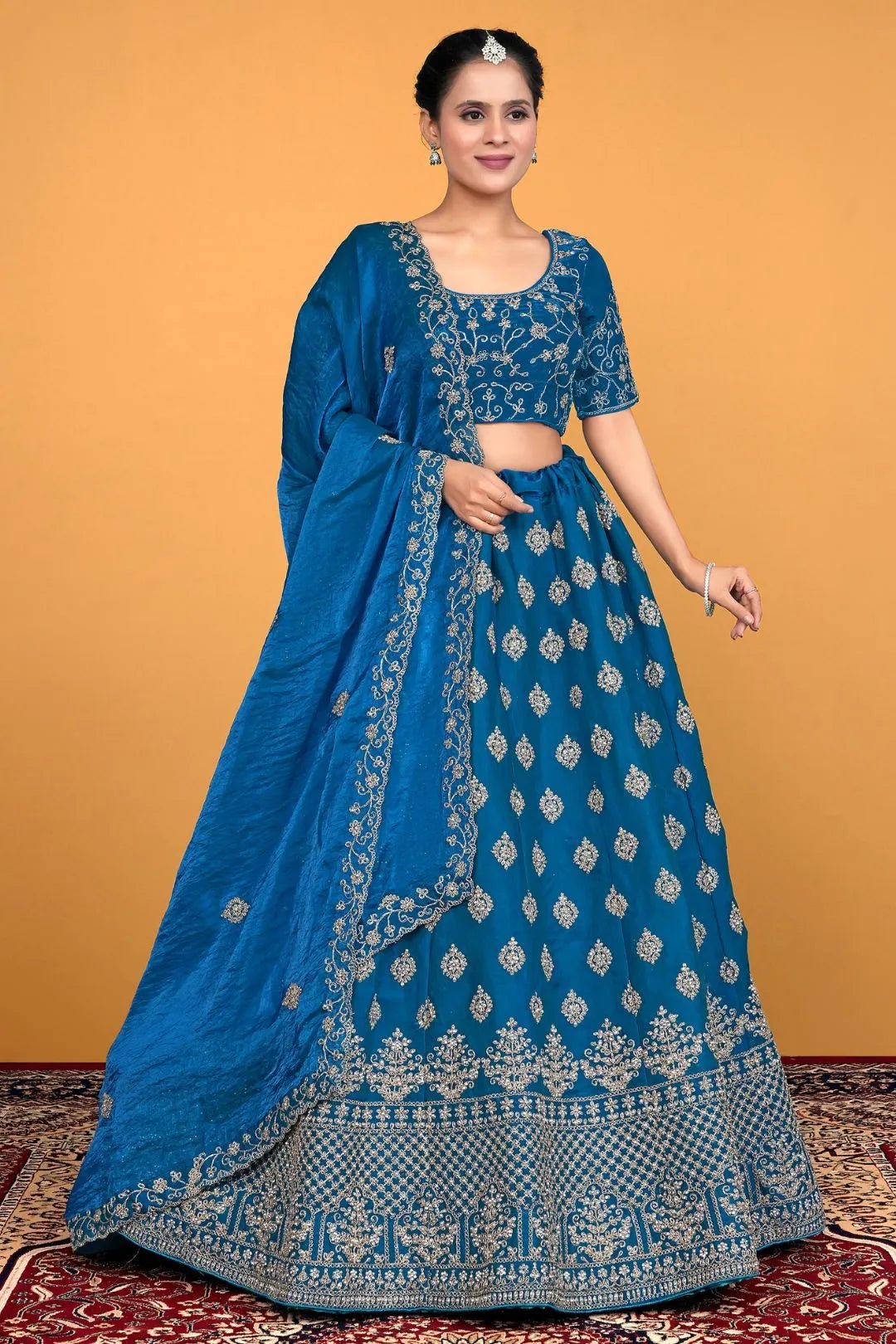 Firozi Fendy Silk Embroidered Semi - Stitched Lehenga Choli - Gajiwala
