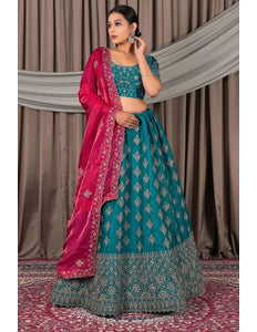 Firozi Fendy Silk Semi - Stitched Lehenga For Women - Gajiwala