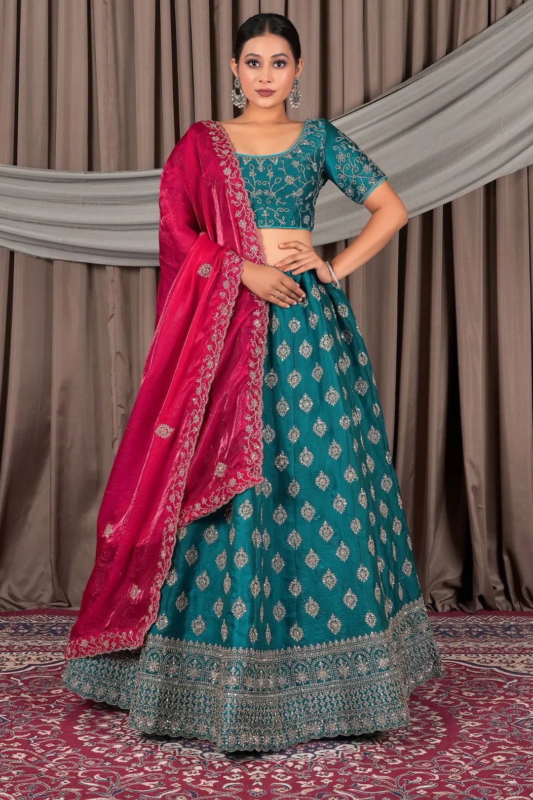 Firozi Fendy Silk Semi - Stitched Lehenga For Women - Gajiwala
