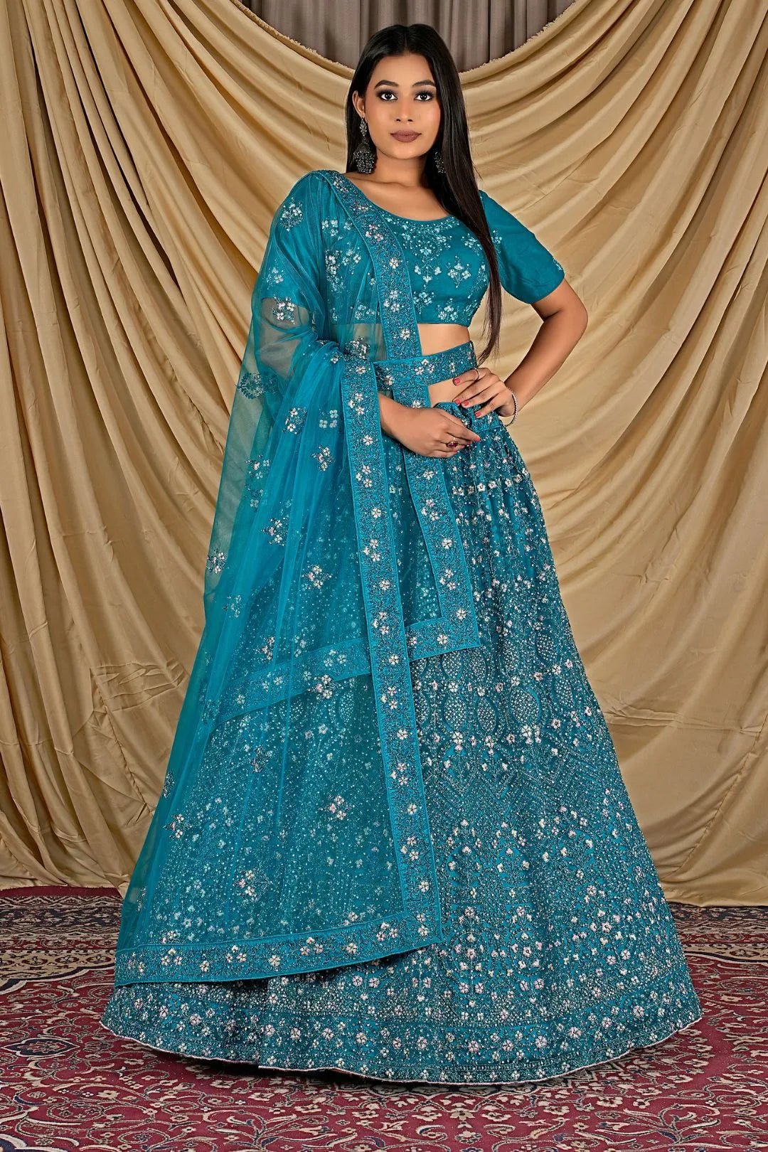 Firozi Party Wear Embroidered Net Lehenga Choli For Women - Gajiwala