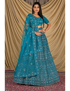 Firozi Party Wear Embroidered Net Lehenga Choli For Women - Gajiwala