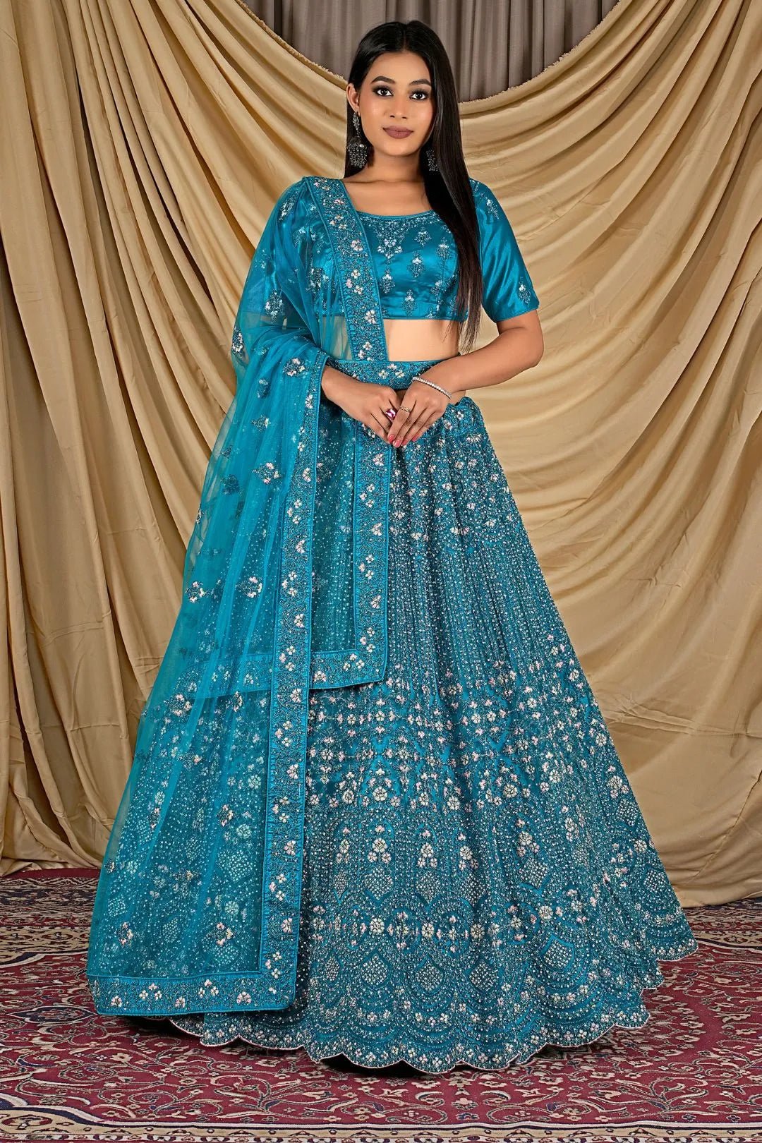 Firozi Party Wear Embroidered Net Lehenga Choli For Women - Gajiwala