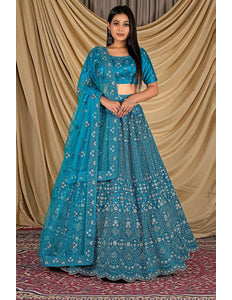 Firozi Party Wear Embroidered Net Lehenga Choli For Women - Gajiwala