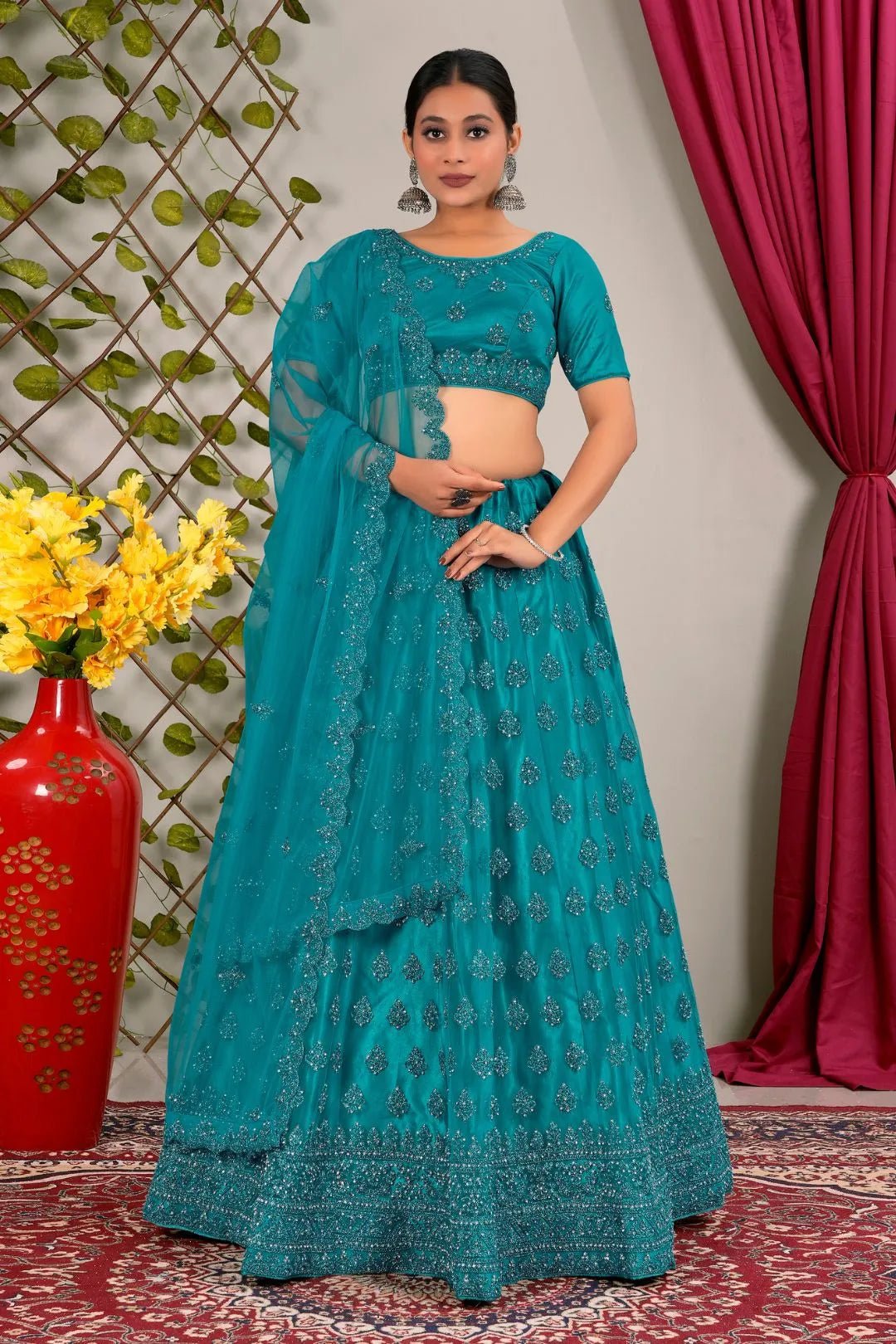 Firozi Party Wear Net Lehenga Choli For Weddings - Gajiwala