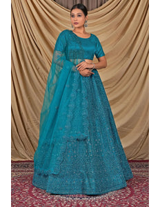 Firozi Sequins Embroidered Net Lehenga Choli - Gajiwala