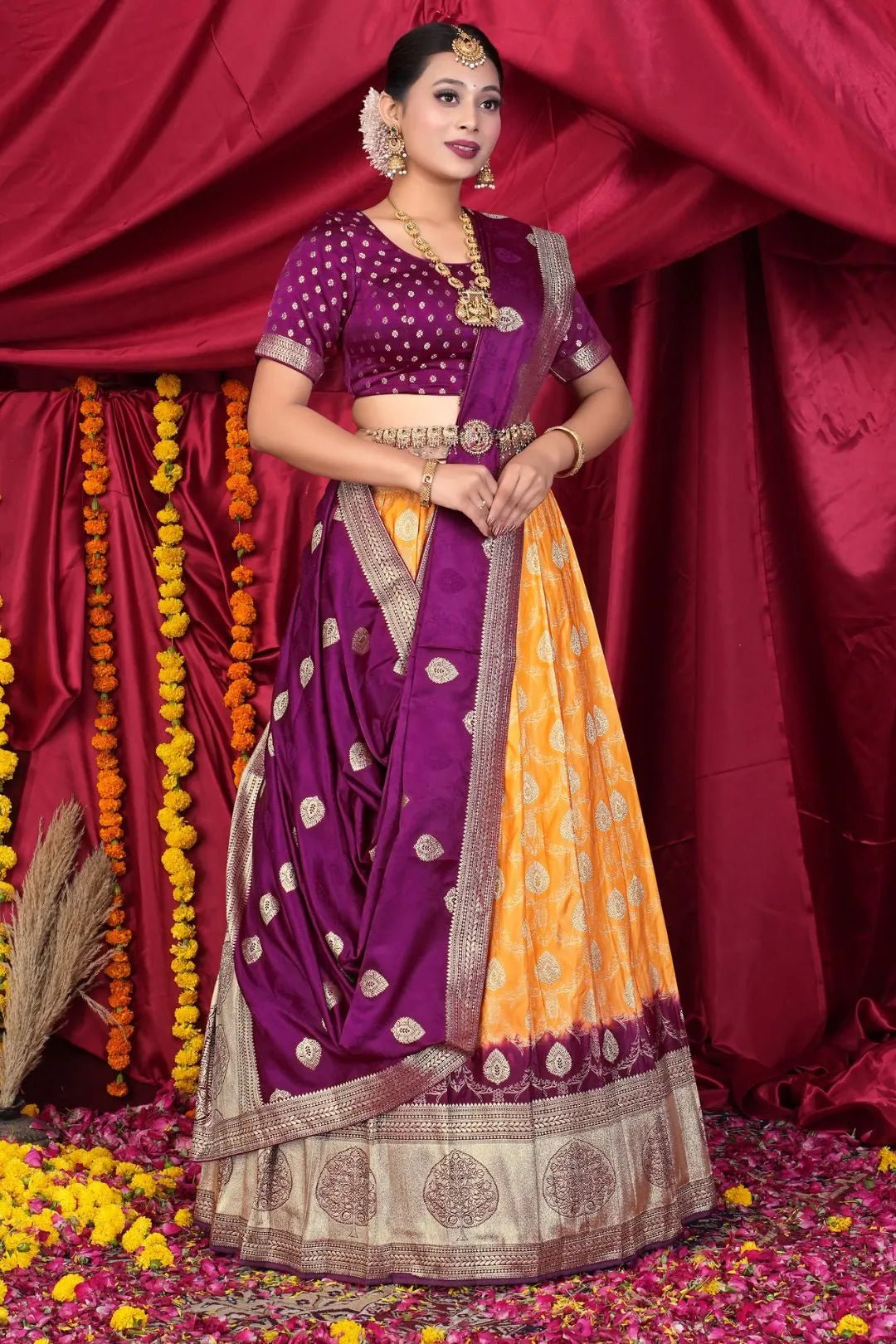 Gold Pink Viscose Silk Half Saree With Zari Work - Gajiwala